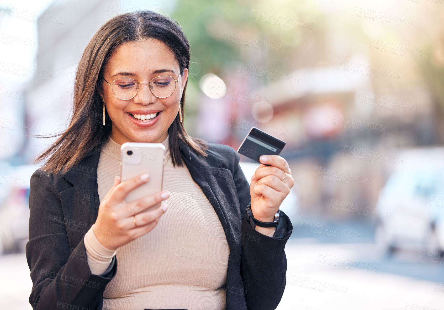 Buy stock photo Woman, credit card and phone in street with smile for deal, sale or discount on payment for online shopping. Girl, smartphone and fintech for cybersecurity, e commerce and thinking for choice on app