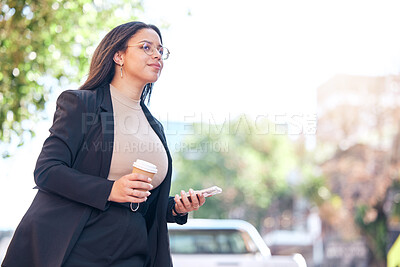Buy stock photo Business woman, phone and coffee in city walking to work with social media, email and networking online. Young professional worker, employee or person for carbon footprint travel and mobile chat