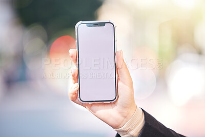 Buy stock photo Woman, hands and phone with screen mockup in city for advertising, social media or outdoor communication. Closeup of female person or mobile smartphone display for online app or network in urban town
