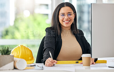 Buy stock photo Architect portrait, office blueprint and happy woman drawing development project, floor plan or design. Creative Illustration, career smile and professional person planning architecture engineering