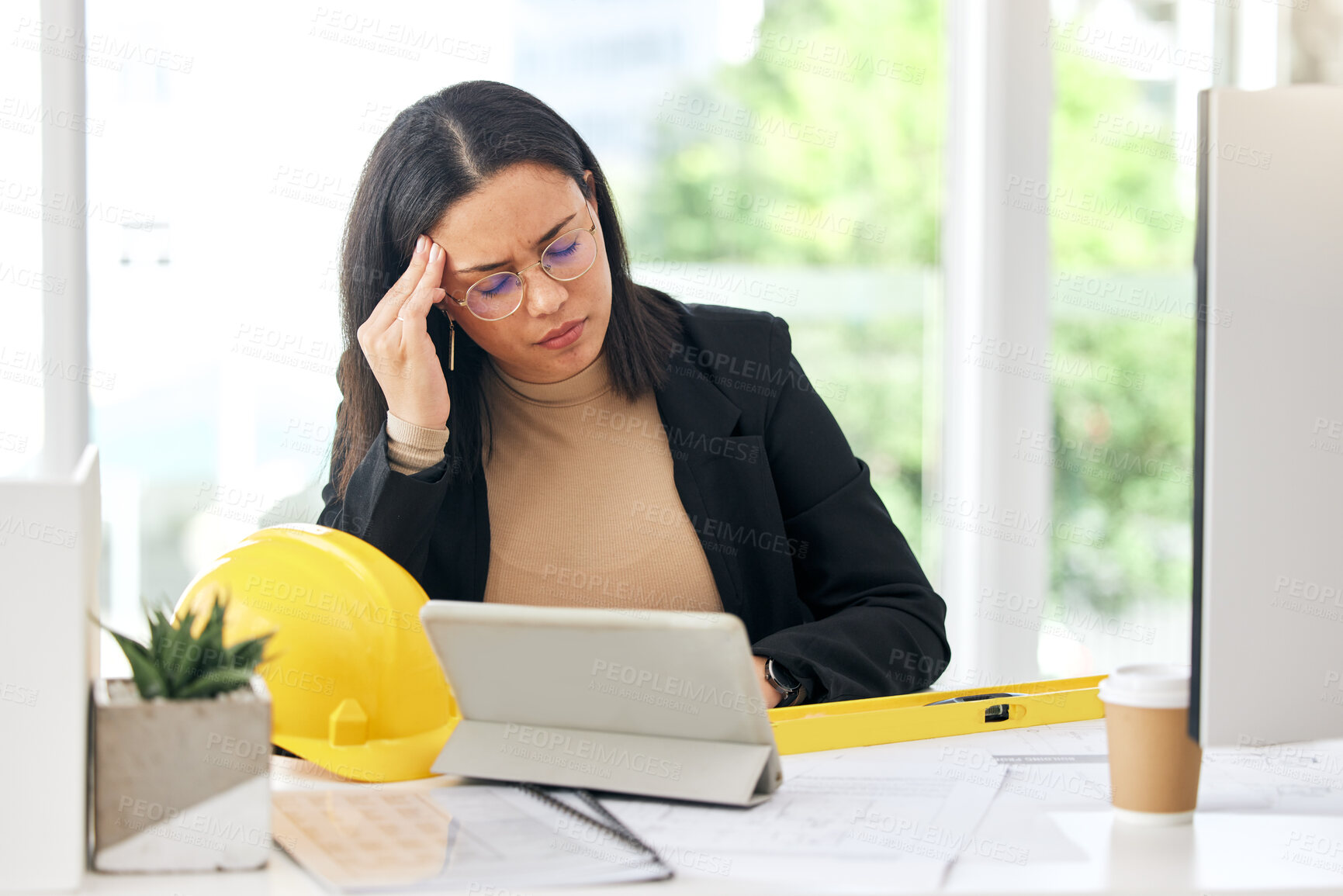 Buy stock photo Headache problem, architect burnout and woman stress over development project, floor plan or work. Mental health, crisis and sad person with depression, migraine pain or architecture engineering fail