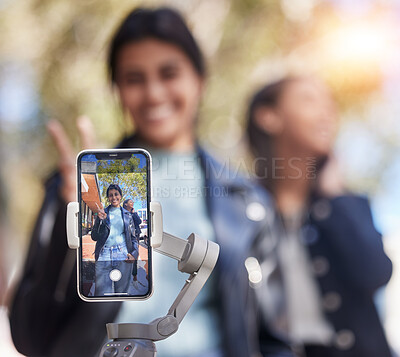 Buy stock photo Portrait, friends and phone selfie with peace sign in city, smile and bond together outdoor. Smartphone, profile picture and girls or women with photography for happy memory, v emoji or social media