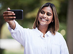 Selfie, smile and student with woman in park for social media, relax and happy. College campus, influencer and happiness with female person in nature for profile picture, blog and gen z post