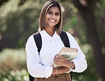 Student, smile and study with portrait of woman on campus for college, books and education. University, learning and future with female person with backpack in outdoor for academy, school and class