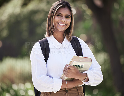 Buy stock photo Student, smile and study with portrait of woman on campus for college, books and education. University, learning and future with person with backpack in outdoor for academy, school and class space