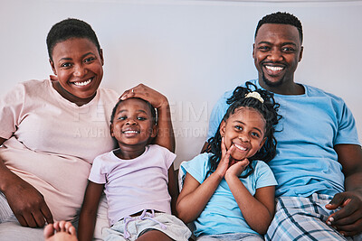 Buy stock photo Black family, happy and portrait in a bed with smile, care and comfort on the weekend in their home. Face, love and children with parents in bedroom rest, embrace and relax in the morning together