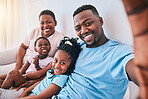 Selfie, black family and bond in a bed with smile, care and comfort on the weekend in their home. Portrait, memory and children with parents in bedroom hug and relax or pose for profile picture