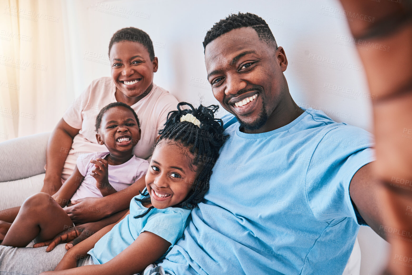 Buy stock photo Selfie, black family and bond in a bed with smile, care and love together in their home. Portrait, memory and children with parents in bedroom hug and relax for a happy profile picture in a house