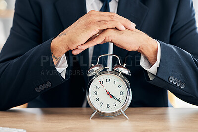 Buy stock photo Clock, business man and time management in office for deadline, punctual and busy schedule. Hands of professional person or broker working at desk with alarm, reminder and timer for goals and agenda