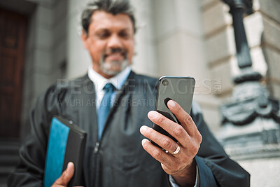 Buy stock photo Senior attorney man, phone and street with smile, thinking and hand with ideas internet app in metro. Happy mature judge, smartphone and reading for notification, web chat and social media in city