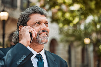 Buy stock photo Phone call, thinking and vision with a business man in the city on his morning commute into work. Mobile, face and smile with a senior male CEO or manager talking while in an urban town for travel
