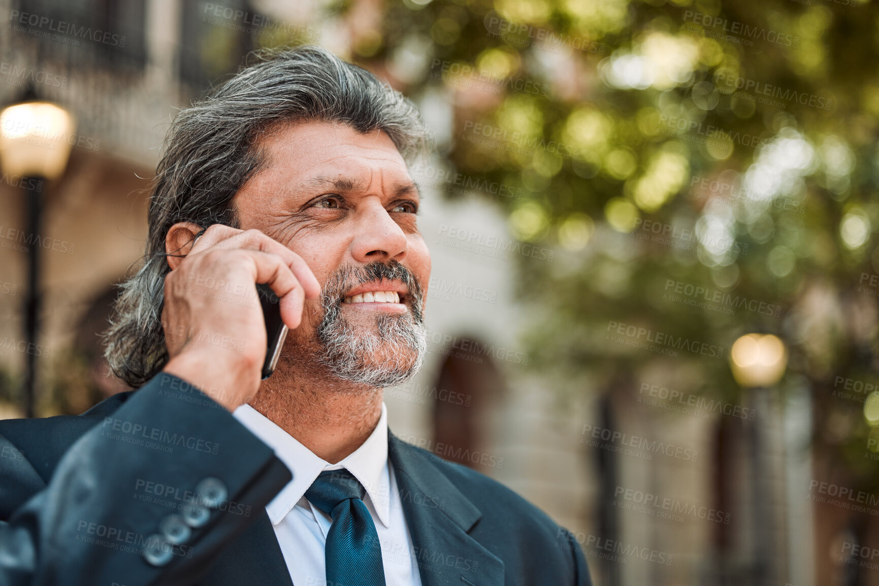 Buy stock photo Phone call, thinking and vision with a business man in the city on his morning commute into work. Mobile, face and smile with a senior male CEO or manager talking while in an urban town for travel