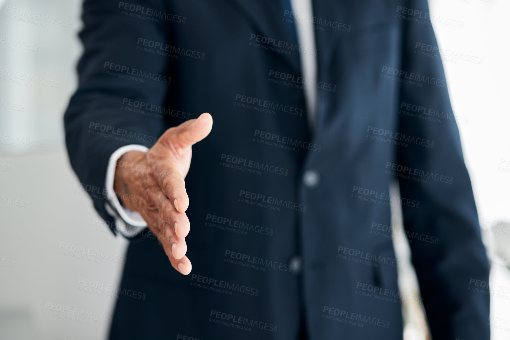 Buy stock photo Handshake, offer and business person or lawyer introduction, deal and success or POV partnership. Corporate worker or employee shaking hands for meeting, interview or client negotiation and thank you