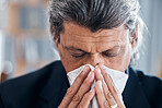 Sick business man, face and blowing nose in office for cold, allergies and medical virus. Mature male worker sneezing for health problem, allergy risk and tissue for disease, sinusitis and influenza