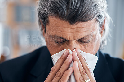 Buy stock photo Sick business man, face and blowing nose in office for cold, allergies and medical virus. Mature male worker sneezing for health problem, allergy risk and tissue for disease, sinusitis and influenza