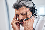 Headache, call center face and business man with depression, telemarketing mistake or mental health crisis. Customer service, migraine pain and elderly person stress, telecom problem and overwhelmed
