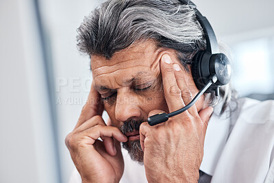 Buy stock photo Headache, call center face and business man with depression, telemarketing mistake or burnout and crisis. Customer service, migraine pain and elderly person stress, telecom problem and overwhelmed