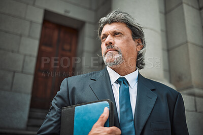 Buy stock photo Senior, man or lawyer thinking of justice, education or empowerment working for government by a court. Constitution, mature or proud Indian attorney with knowledge, ideas or vision for legal rights