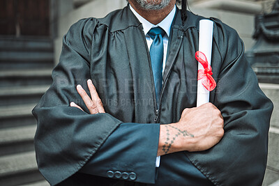 Buy stock photo Diploma, graduate of law and man arms crossed and certified outdoor, academic achievement and education. Male lawyer, certificate and graduation, success and pride with university event and goals