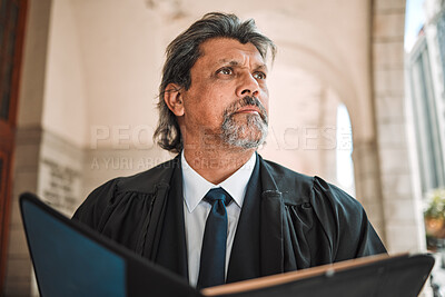 Buy stock photo Thinking, book and a senior man judge at court, outdoor in the city during recess from a legal case or trial. Idea, authority and power with a confident magistrate in an urban town to practice law