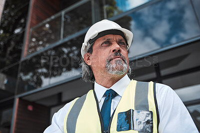 Buy stock photo Thinking, ideas and engineering man at outdoor building, construction site and vision for urban development. Planning, inspection and architecture person or project manager design inspiration in city