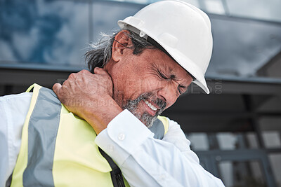 Buy stock photo Engineering, man and neck pain for construction building, labor and project management at outdoor city site. Stress, injury and  muscle health or fatigue of person or manager for architecture design