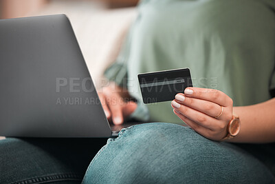 Buy stock photo Hand, laptop and credit card for online shopping with a customer on the internet from home. Computer, ecommerce and payment with a person using a bank app for finance, accounting or budget planning