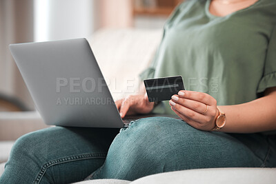 Buy stock photo Hand, laptop and credit card for ecommerce with a customer on the internet from home. Computer, online shopping and payment with a person using a bank app for finance, accounting or budget planning