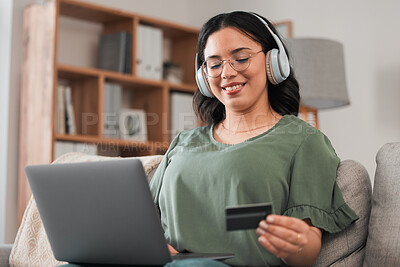 Buy stock photo Woman, credit card and headphones for laptop online shopping, e learning and fintech payment on sofa. Student or person for music streaming subscribe, banking services and home education on computer
