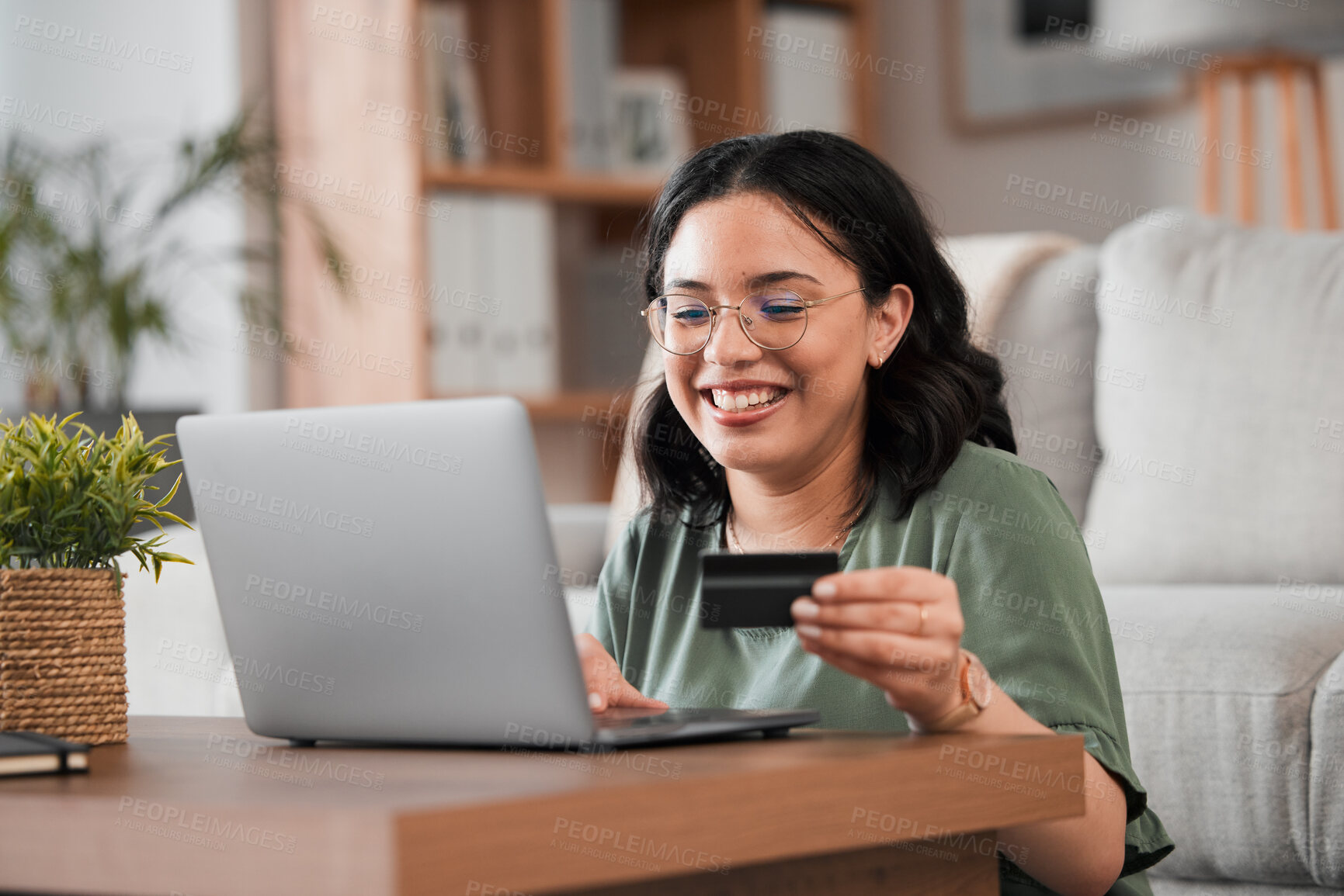 Buy stock photo Credit card, computer and woman with home online shopping, e learning and fintech payment. Study, student loan and person on laptop for internet banking, college subscription and website transaction