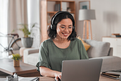 Buy stock photo Happy, remote work and woman with a laptop for call center communication and consultation. Smile, virtual assistant and a customer service agent typing on a computer from a house for telemarketing