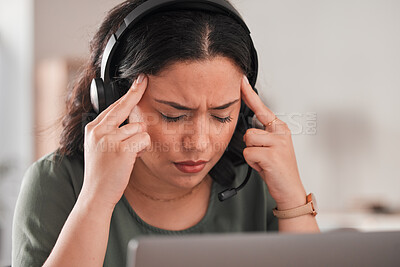 Buy stock photo Call center, headache and woman pain, stress and communication mistake, error or crisis in work from home. Agent, sales consultant or person with depression, memory or brain fog in telemarketing fail