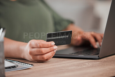 Buy stock photo Hand, laptop and credit card for finance with a customer on the internet from home. Computer, ecommerce and payment with a person using a bank app for online shopping, accounting or budget planning