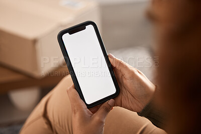 Buy stock photo Phone screen, mockup and mobile app, advertising and smartphone in hand with communication and website ads. Brand logo design, tech marketing and contact information with person, UX and social media