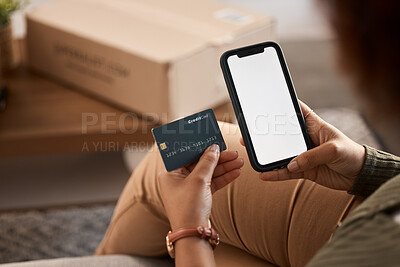 Buy stock photo Hands of woman, credit card and mockup phone screen for online shopping, digital payment and fintech account at home. Closeup, banking app and mobile space for money, web sales and financial password