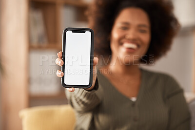 Buy stock photo Phone screen, mockup and app, advertising and woman with smartphone in hand, communication and website ads. Logo design, tech marketing and contact info, female ambassador with UX and social media