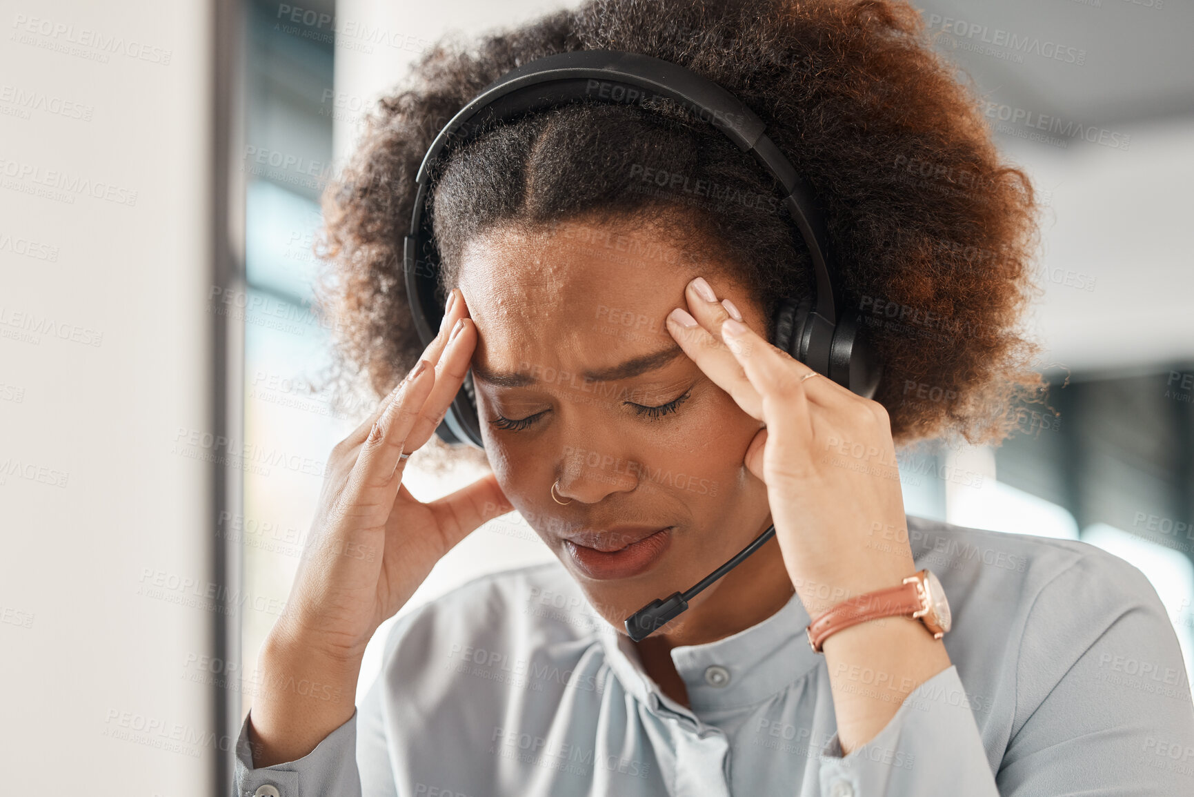 Buy stock photo Woman, stress headache and call center in office, headphones and microphone for young crm with pain. African girl, customer care employee and fatigue for contact us, help desk and telemarketing job