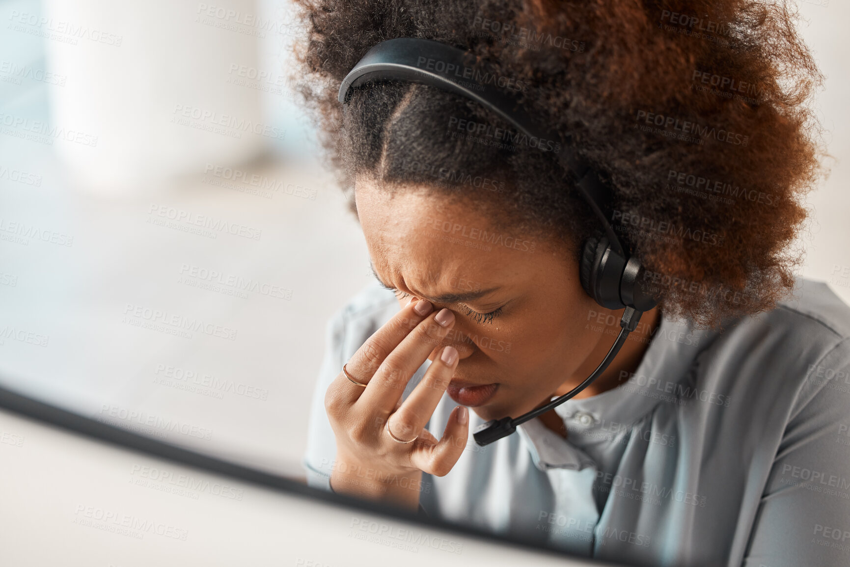 Buy stock photo Woman, headache and call center in office, headphones and microphone for crm expert with pain. African girl, customer service and burnout with stress for contact us, help desk or telemarketing career