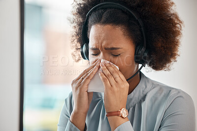 Buy stock photo Consultant, sick woman and blowing nose in office for flu, allergies, and health risk in telemarketing agency. Face of female sales agent, call centre and tissue for virus, allergy and sneeze