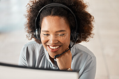 Buy stock photo Call center, happy woman and computer for customer service, consulting or tech support in CRM agency. Face of female sales consultant, advisor or communication of telecom questions at help desk