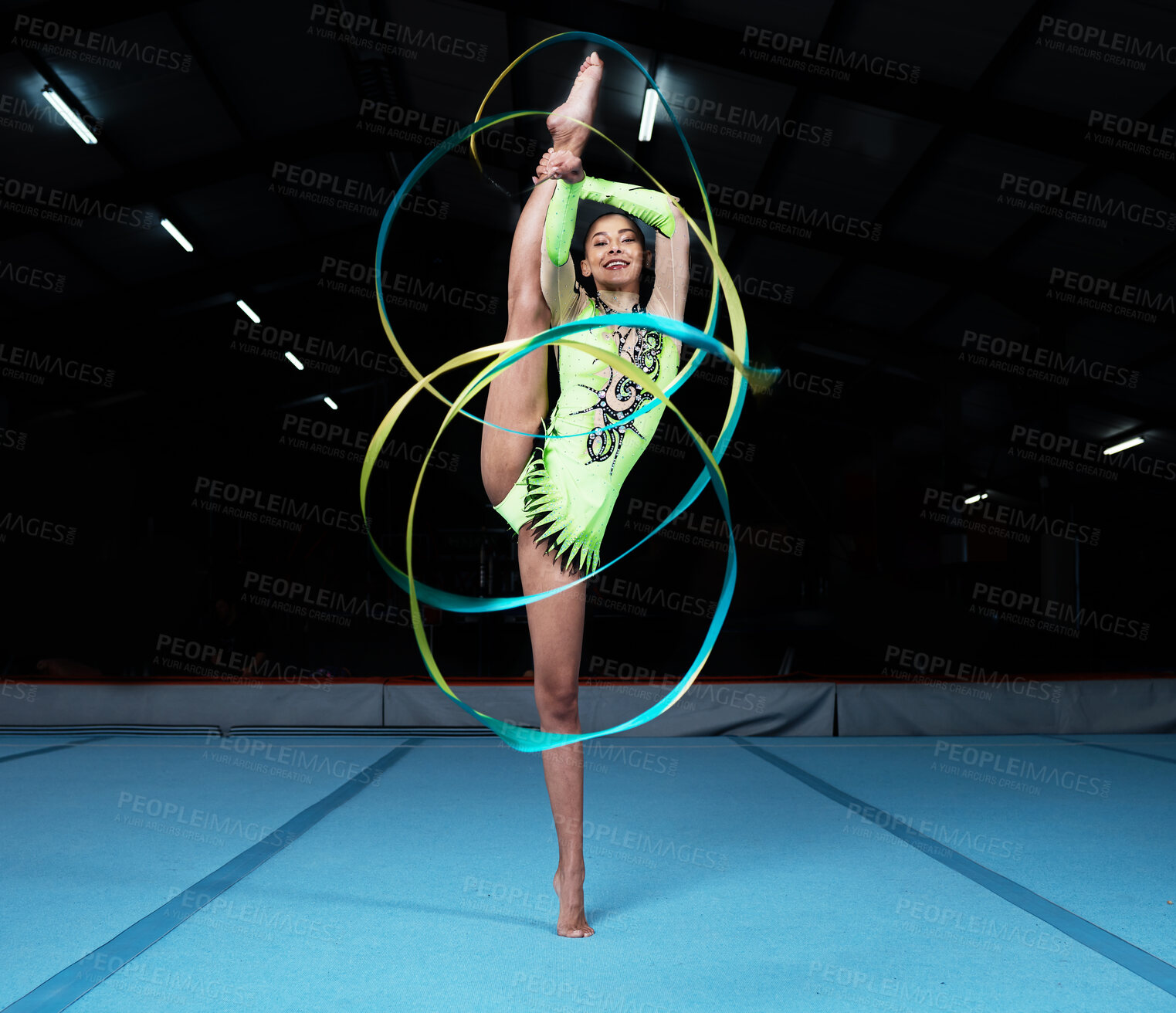 Buy stock photo Gymnastics, dance and woman with ribbon in gym for rhythmic movement, training and exercise in studio. Creative performance, sports and portrait of female dancer for competition, workout and dancing
