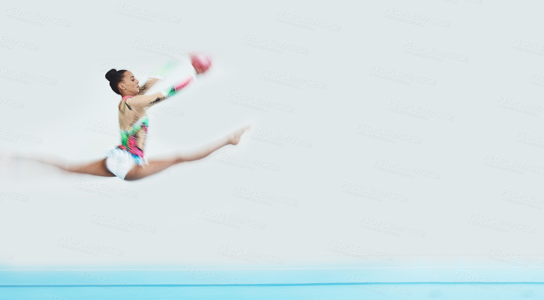 Buy stock photo Gymnastics, jump and woman with ball in performance to exercise, train and mockup space. Sports, moving and dancing gymnast, athlete or person in competition for creative talent, energy and fast blur