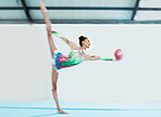 Gymnastics, performance and woman with ball, motion blur and exercise, train or mockup space. Sports, moving and dancing gymnast, athlete or person in competition for creative talent, energy and fast