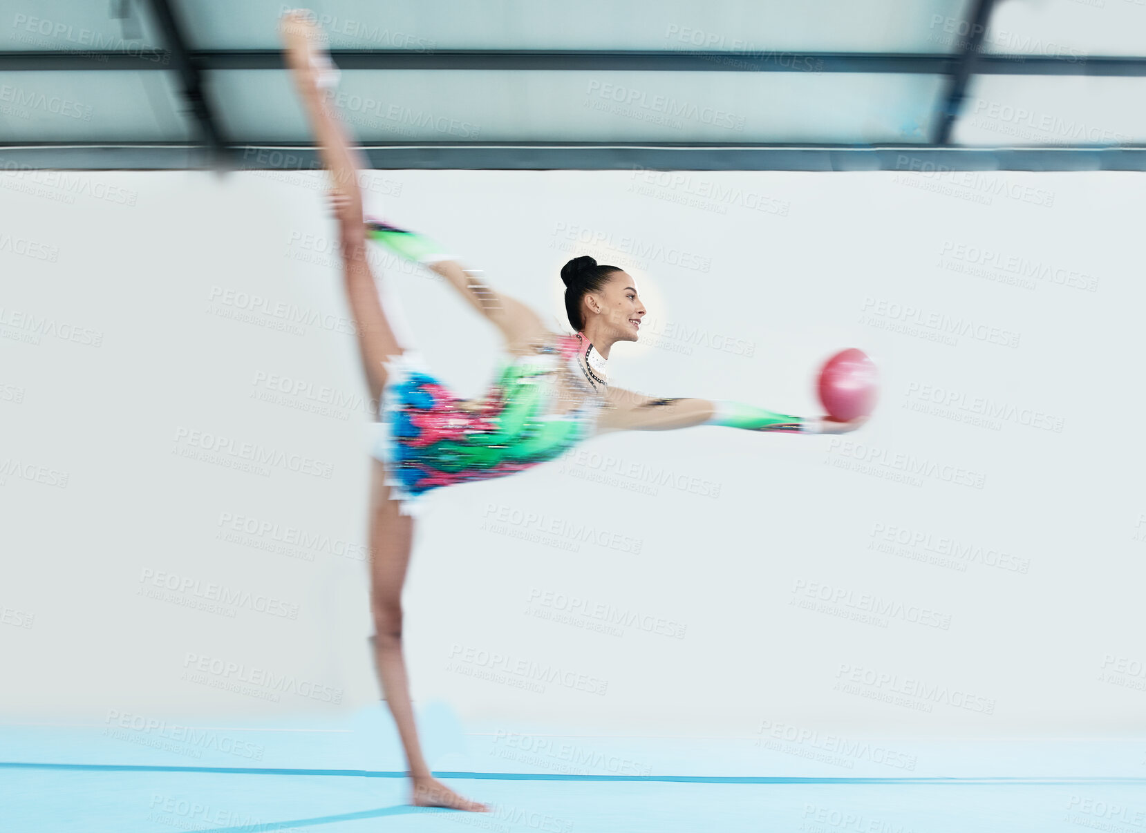 Buy stock photo Gymnastics, performance and woman with ball, motion blur and exercise, train or mockup space. Sports, moving and dancing gymnast, athlete or person in competition for creative talent, energy and fast