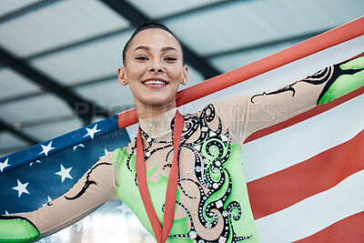Buy stock photo Medal, winner and portrait of usa champion or woman with success in competition, gymnastics achievement or pride with American flag. Winning, athlete and celebration on podium in stadium or arena