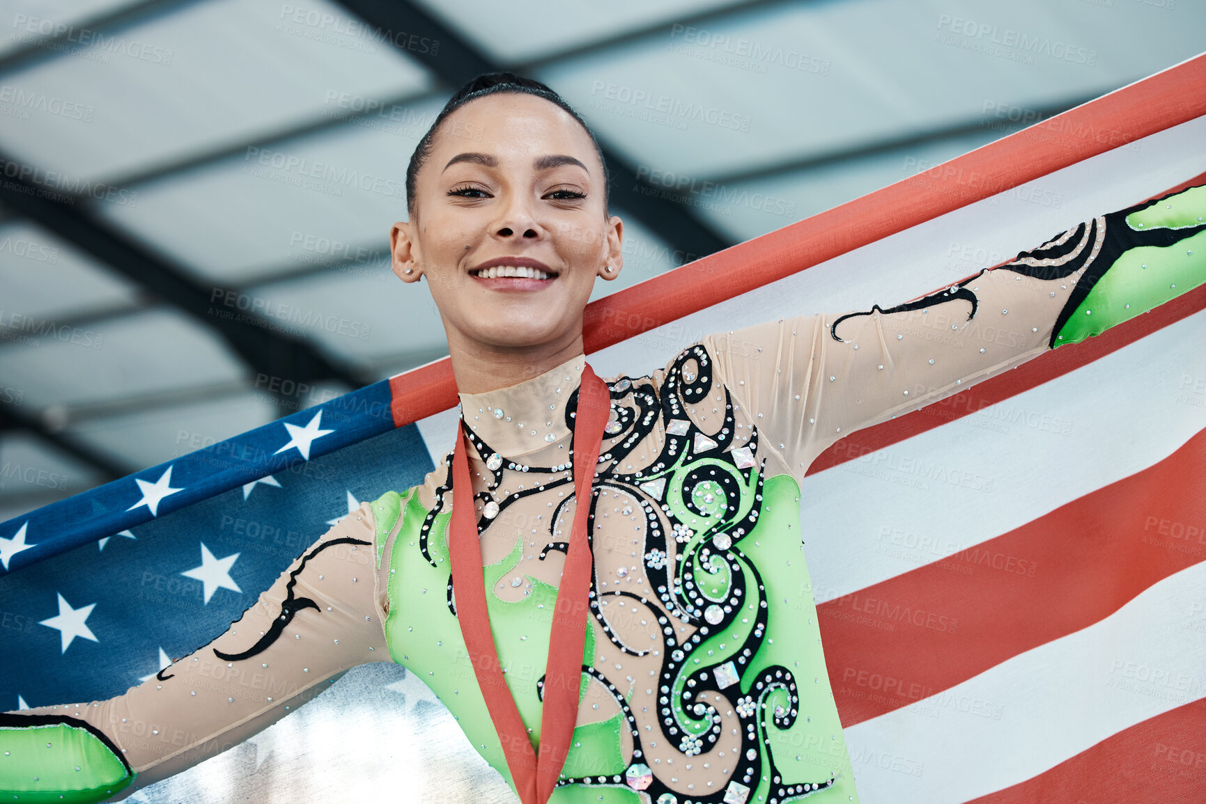 Buy stock photo Medal, winner and portrait of usa champion or woman with success in competition, gymnastics achievement or pride with American flag. Winning, athlete and celebration on podium in stadium or arena