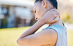 Fitness, sports and woman with neck pain at park for training, running or cardio with muscle problem. Health, exercise and lady with back, spine or shoulder, arthritis or joint issue from workout run
