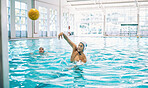 Sports, ball and water polo with man in swimming pool for fitness, training and games. Championship, workout and performance with person and teamwork in competition for health, wellness and target