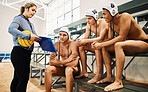 Teenager, boys and team, water polo and coach with sport and game plan, clipboard at swimming pool. Young male players, high school athlete group and woman trainer with strategy, fitness and teamwork