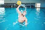 Sports, fitness and water polo with man in swimming pool for focus, training and games. Championship, workout and performance with person and ball in competition for health, wellness and target